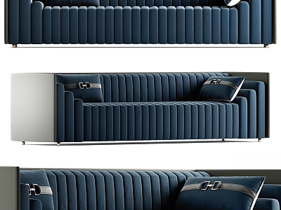 Blue Velvet Vertical Tufted Sectional Sofa With Metal Armrests And Decorative Pillows 3d model