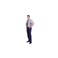 Man wearing light purple short-sleeve shirt gray tie dark blue pants with hands on hips