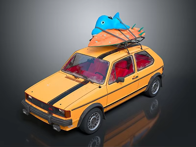 Yellow Car With Blue Shark Doll And Orange Surfboard On Roof Red Interior Black Stripes 3d model