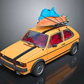 Yellow Car With Blue Shark Doll And Orange Surfboard On Roof Red Interior Black Stripes