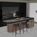 Modern Kitchen Interior With Black Cabinets Island Orange Lighting Bar Stools And Plants
