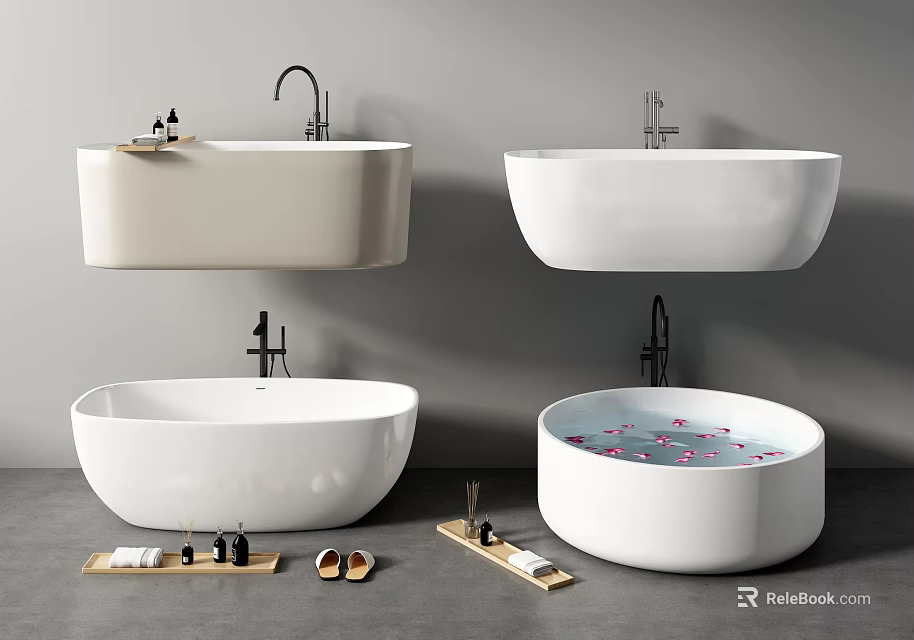 Modern Freestanding Wall Mounted Round Bathtubs With Pink Petals Bath Tray And Slippers 3d model 