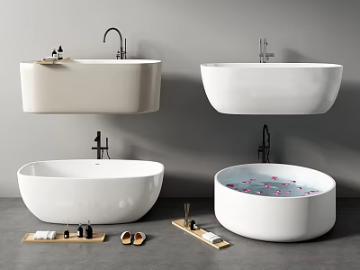 Modern Freestanding Wall Mounted Round Bathtubs With Pink Petals Bath Tray And Slippers 3d model