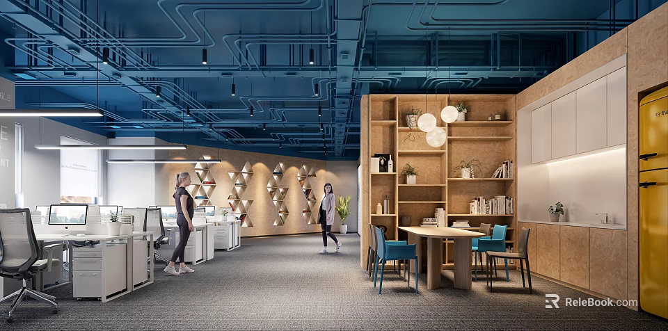Modern Open Public Office Space Design With Desks Chairs Bookshelves And Lighting 3d model 