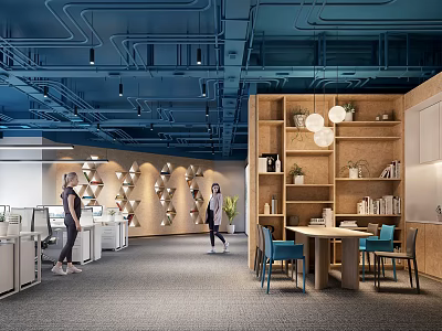 Modern Open Public Office Space Design With Desks Chairs Bookshelves And Lighting 3d model