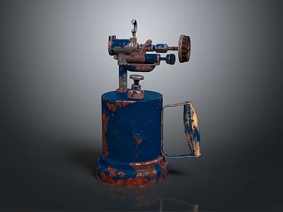 Vintage Blue Rusty Weapon With Mechanical Parts And Handle On Cylindrical Base 3d model