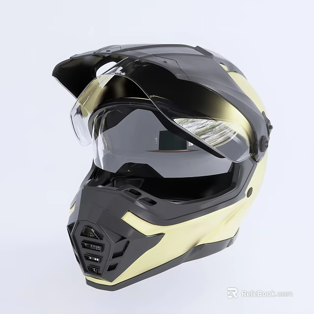 Black And Gold Off Road Helmet With Transparent Visor And Protective Design 3d model 