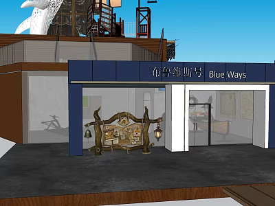 Wooden Boat Themed Storefront Display At Blue Ways With Nautical Decorations 3d model