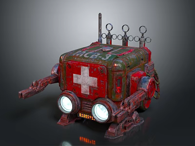 Vintage Medical Mechanical Vehicle With Red Cross Headlights Antenna And Rings 3d model