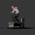 Outdoor Scene With Elderly Man Standing On Bench Trash Can And Brick Paved Ground