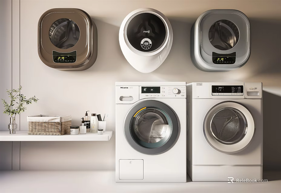 Modern Home Laundry With White Silver Brown Wall Mounted And Front Load Washing Machines 3d model 