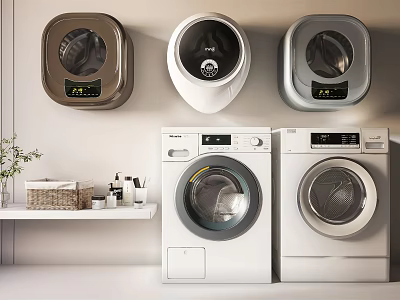 Modern Home Laundry With White Silver Brown Wall Mounted And Front Load Washing Machines 3d model