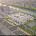 Modern Stadium Building With Glass Facade Square Roof And Urban River View