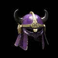 Purple Viking Helmet Adorned with Black Horns and Golden Accents Against Black Background