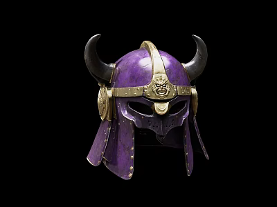 Purple Viking Helmet Adorned with Black Horns and Golden Accents Against Black Background 3d model