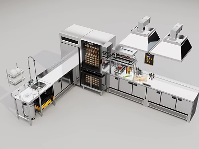 Stainless Steel Cabinets In Modern Commercial Kitchen With Workstation And Appliances 3d model