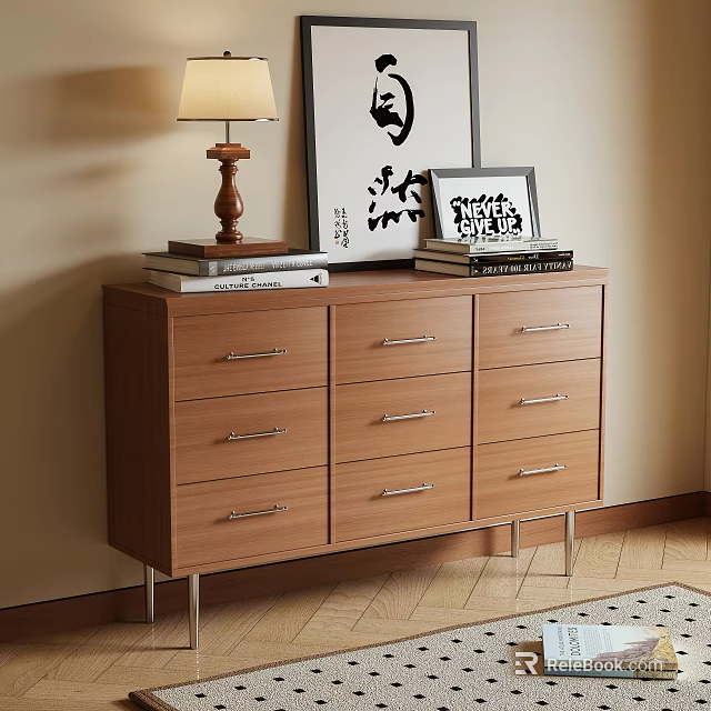 Wooden Console Cabinet with Drawers Metal Handles Table Lamp Books and Decorative Art on Top 3d model 