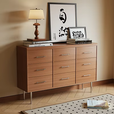 Wooden Console Cabinet with Drawers Metal Handles Table Lamp Books and Decorative Art on Top 3d model