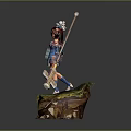 Red Haired Character With Blue White Outfit Holding Staff And Glowing Magic On Mossy Base