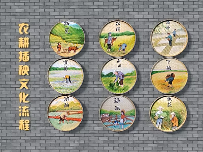 Circular Frame Paintings Showing Traditional Agricultural Rice Transplanting Cultural Process on Brick Wall 3d model