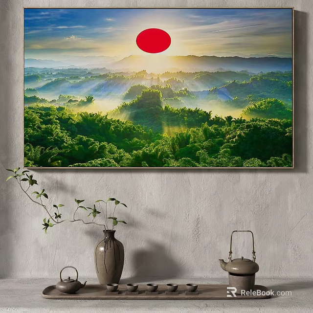 Vibrant Landscape Painting Of Sunrise Over Mountains Forests And Mist 3d model 