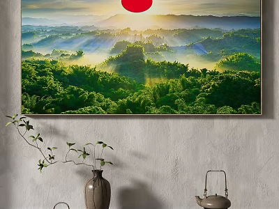 Vibrant Landscape Painting Of Sunrise Over Mountains Forests And Mist 3d model