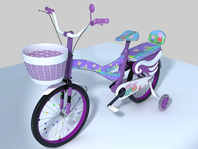 Purple Kids Bicycle with White Basket Cartoon Patterns and Training Wheels 3d model