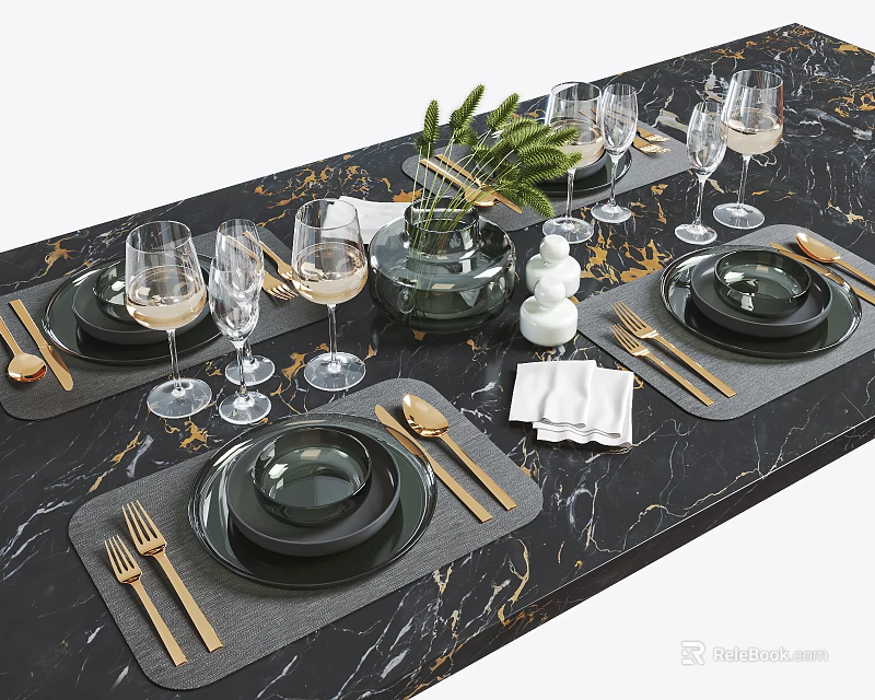 Elegant Black Dinnerware Set with Gold Cutlery Wine Glasses and Green Plant on Marble Tabletop 3d model 