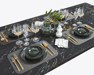 Elegant Black Dinnerware Set with Gold Cutlery Wine Glasses and Green Plant on Marble Tabletop 3d model
