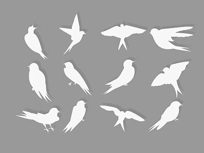 Twelve White Flying Bird Silhouettes on Grey Background with Various Poses 3d model
