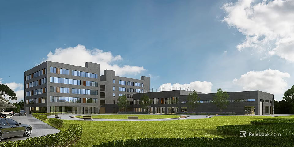 Modern Industrial Factory Building With Large Glass Windows Green Lawn And Trees 3d model 