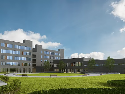 Modern Industrial Factory Building With Large Glass Windows Green Lawn And Trees 3d model