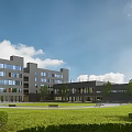 Modern Industrial Factory Building With Large Glass Windows Green Lawn And Trees