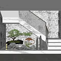 Luxurious Interior Design With Rockery Pine Tree Marble Staircase And Stone Wall 3d model
