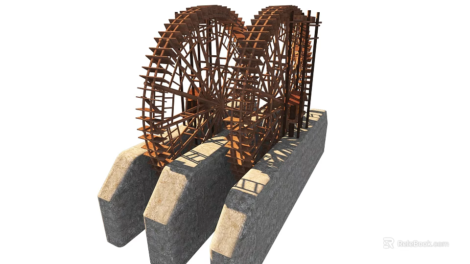 Agricultural Equipment Wooden Water Wheel With Stone Base For Irrigation Use 3d model 