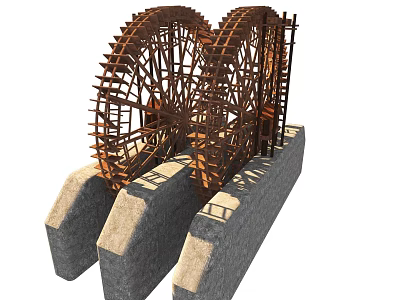Agricultural Equipment Wooden Water Wheel With Stone Base For Irrigation Use 3d model