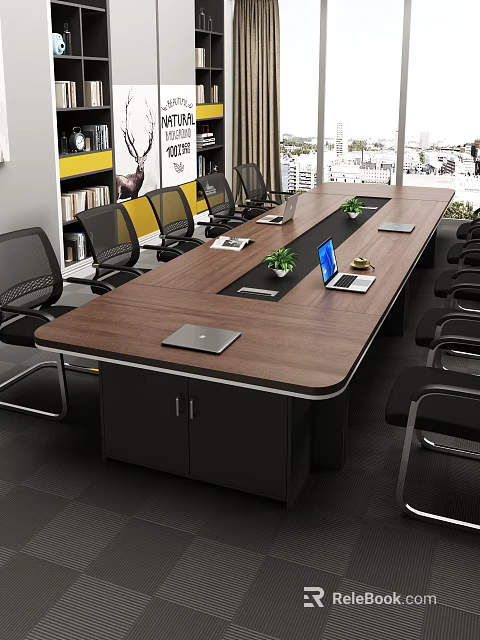 Modern Office Conference Table With Wooden Top Black Cabinets Laptops And Plants 3d model 