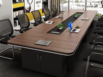 Modern Office Conference Table With Wooden Top Black Cabinets Laptops And Plants 3d model
