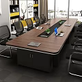 Modern Office Conference Table With Wooden Top Black Cabinets Laptops And Plants