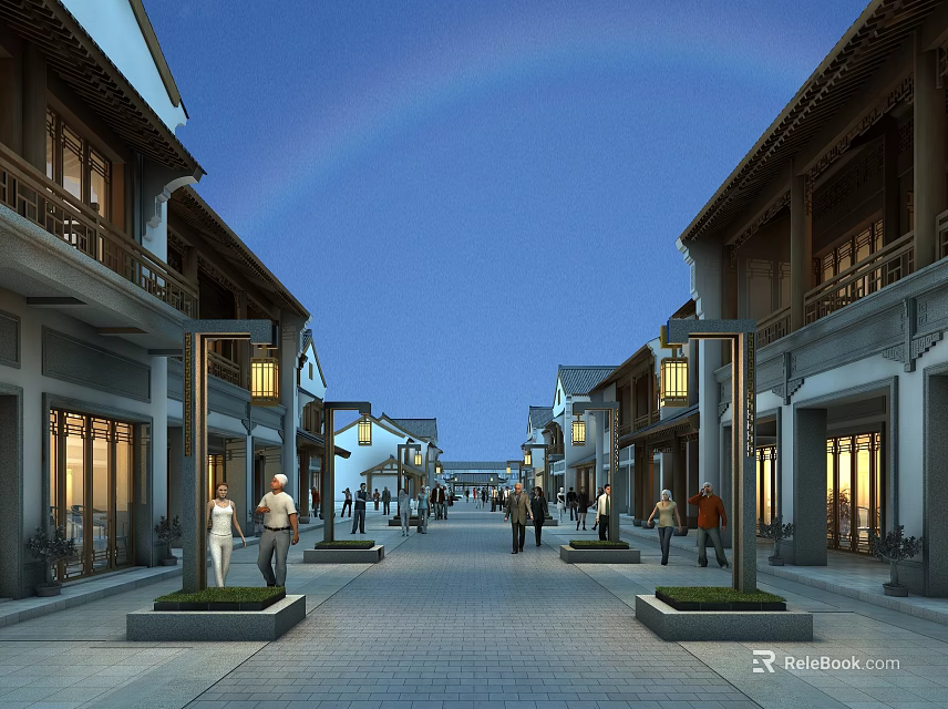 Traditional Chinese Commercial Street Featuring Ancient Architecture Decorative Lanterns Rainbow And Pedestrians At Night 3d model 