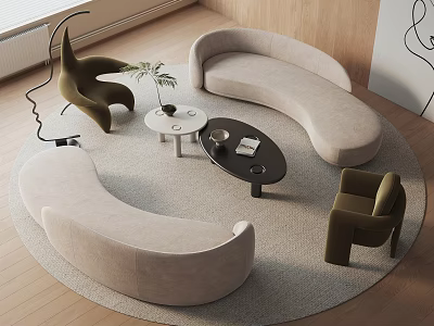 Curved Beige Sofa and Coffee Table Set With Black Oval Table Green Armchairs and Rug 3d model