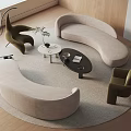 Curved Beige Sofa and Coffee Table Set With Black Oval Table Green Armchairs and Rug