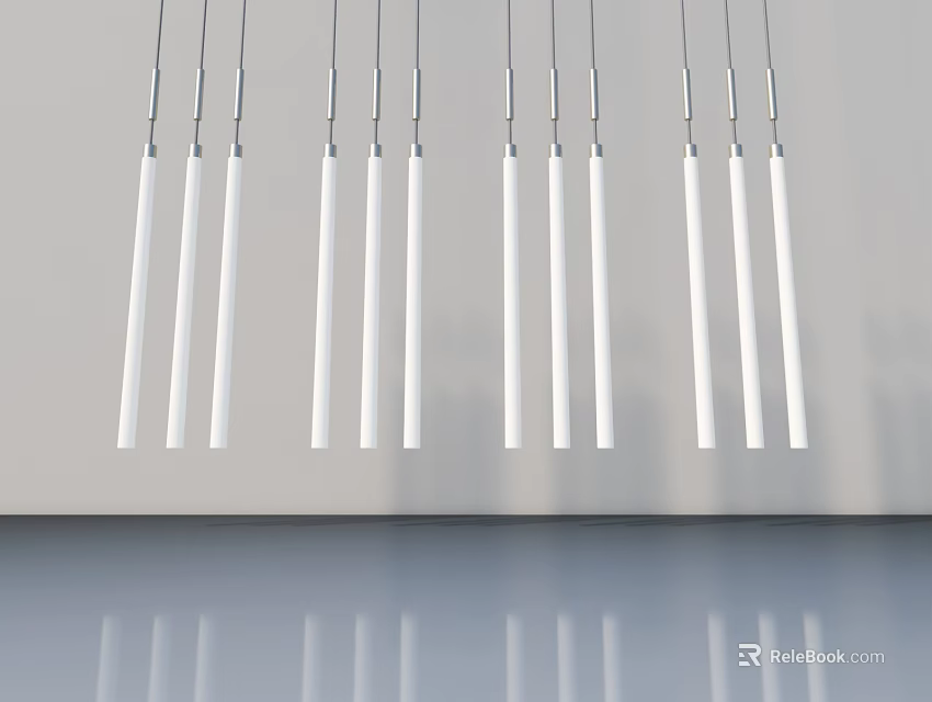 Modern Hinged Door Design With Long White Pendant Lights And Smooth Gray Floor 3d model 
