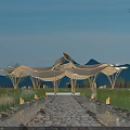 Serene Garden Landscape With Modern Wooden Pavilion Wavy Roof Stone Path And Evening Lights