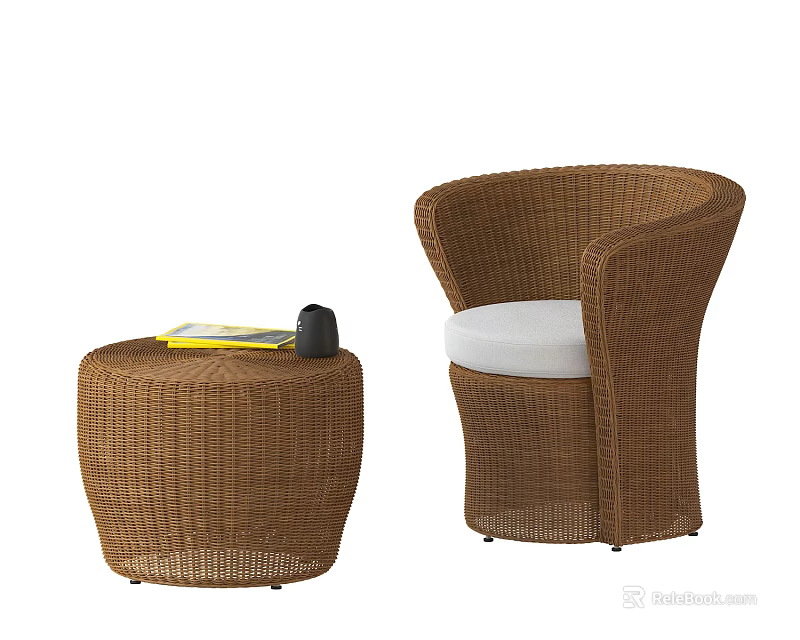 Brown Woven Rattan Outdoor Sofa With White Cushion And Side Table 3d model 