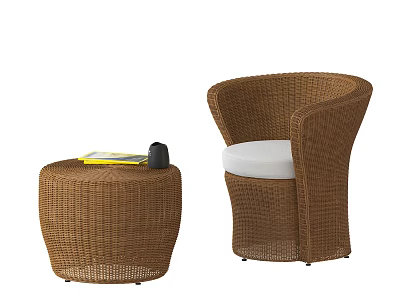 Brown Woven Rattan Outdoor Sofa With White Cushion And Side Table 3d model