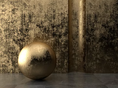 Golden Sphere Sculpture Artwork With Textured Gold Wall And Dark Floor 3d model