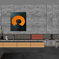 Sleek Modern TV Stand With Storage Drawers Shelves And Decorative Wall Art