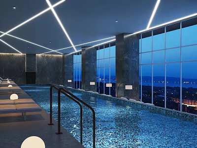 Elegant Indoor Swimming Pool With Large Windows City Night View Loungers And Marble Walls 3d model