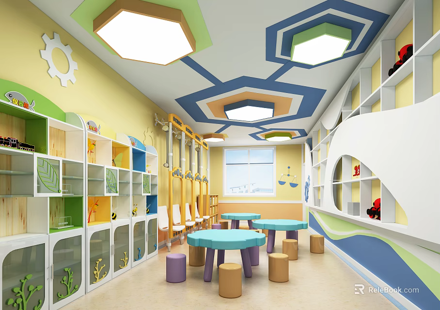 Vibrant Kindergarten Interior With Hexagon Ceiling Lights Yellow Walls Gear Decor And Colorful Tables 3d model 